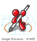 #37405 Clip Art Graphic Of A Red Guy Character Drawing A Circle On Graph Paper