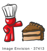 #37413 Clip Art Graphic Of A Red Guy Character Chef With Chocolate Cake