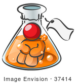 #37414 Clip Art Graphic Of A Red Guy Character In A Laboratory Flask