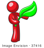 #37416 Clip Art Graphic Of A Red Guy Character Holding A Green Leaf
