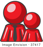#37417 Clip Art Graphic Of A Red Guy Character With A Child