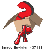 #37418 Clip Art Graphic Of A Red Guy Character Carrying A Box Of Questions