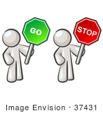 #37431 Clip Art Graphic Of White Guy Characters Holding Stop And Go Signs