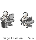 #37435 Clip Art Graphic Of White Guy Characters Working On Laptops And Desktops