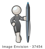 #37454 Clip Art Graphic Of A White Lady Character Standing With A Pen