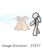 #37517 Clip Art Graphic Of A White Guy Character Using A Cell Phone By A Tower
