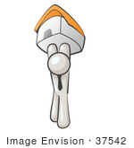 #37542 Clip Art Graphic Of A White Guy Character Holding Up A House