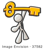 #37582 Clip Art Graphic Of A White Guy Character Holding Up A Key