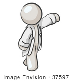 #37597 Clip Art Graphic Of A White Guy Character In A Lab Coat Waving
