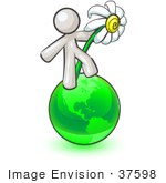 #37598 Clip Art Graphic Of A White Guy Character With A Daisy On A Globe