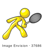 #37686 Clip Art Graphic Of A Yellow Lady Character Playing Tennis