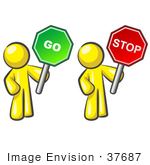 #37687 Clip Art Graphic Of Yellow Guy Characters Holding Stop And Go Signs