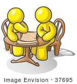 #37695 Clip Art Graphic Of Yellow Guy Characters Planning At A Table
