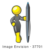 #37701 Clip Art Graphic Of A Yellow Lady Character Standing With A Pen