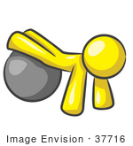 #37716 Clip Art Graphic Of A Yellow Guy Character Exercising With A Yoga Ball