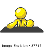 #37717 Clip Art Graphic Of A Yellow Guy Character Sitting At A Desk