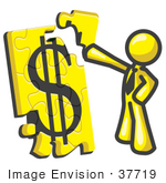 #37719 Clip Art Graphic Of A Yellow Guy Character Assembling A Financial Puzzle