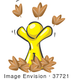 #37721 Clip Art Graphic Of A Yellow Guy Character Playing In Leaves