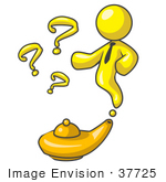 #37725 Clip Art Graphic Of A Yellow Guy Character Emerging From A Genie Lamp