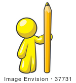 #37731 Clip Art Graphic Of A Yellow Guy Character Standing With A Pencil
