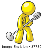 #37735 Clip Art Graphic Of A Yellow Guy Character Singing With A Microphone