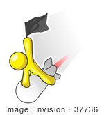 #37736 Clip Art Graphic Of A Yellow Guy Character Riding A Rocket