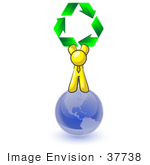 #37738 Clip Art Graphic Of A Yellow Guy Character On A Globe With Recycle Arrows