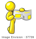 #37739 Clip Art Graphic Of A Yellow Guy Character Holding An Open Book