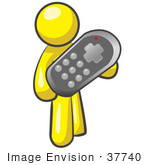 #37740 Clip Art Graphic Of A Yellow Guy Character Holding A Remote Control