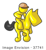 #37741 Clip Art Graphic Of A Yellow Guy Character Jockey Riding A Horse