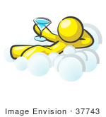 #37743 Clip Art Graphic Of A Yellow Guy Character Drinking A Cocktail On A Cloud