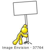 #37764 Clip Art Graphic Of A Yellow Guy Character Inserting A Sign In The Ground