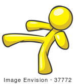 #37772 Clip Art Graphic Of A Yellow Guy Character Kicking