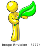 #37774 Clip Art Graphic Of A Yellow Guy Character Holding A Green Leaf