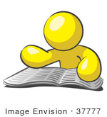 #37777 Clip Art Graphic Of A Yellow Guy Character Reading A Book