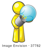 #37782 Clip Art Graphic Of A Yellow Guy Character Holding A Light Bulb