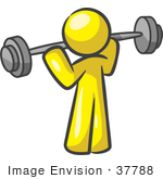 #37788 Clip Art Graphic Of A Yellow Guy Character Exercising With A Barbell