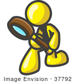 #37792 Clip Art Graphic Of A Yellow Guy Character Kneeling And Peering Through A Magnifying Glass