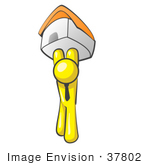 #37802 Clip Art Graphic Of A Yellow Guy Character Holding Up A House