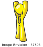 #37803 Clip Art Graphic Of A Yellow Guy Character Holding His Arms Up