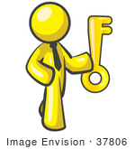 #37806 Clip Art Graphic Of A Yellow Guy Character Holding A Key