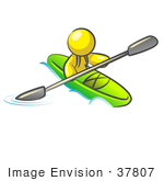 #37807 Clip Art Graphic Of A Yellow Guy Character Kayaking