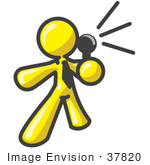 #37820 Clip Art Graphic Of A Yellow Guy Character Talking Through A Mic
