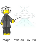 #37823 Clip Art Graphic Of A Yellow Guy Character As Albert Einstein Pointing To A Ufo