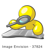 #37824 Clip Art Graphic Of A Yellow Guy Character Reading With A Magnifying Glass