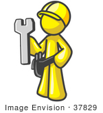 #37829 Clip Art Graphic Of A Yellow Guy Character Holding A Wrench