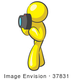 #37831 Clip Art Graphic Of A Yellow Guy Character Taking Pictures