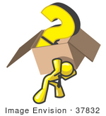 #37832 Clip Art Graphic Of A Yellow Guy Character Carrying A Box Of Questions