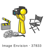 #37833 Clip Art Graphic Of A Yellow Guy Character Filming A Movie
