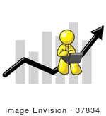 #37834 Clip Art Graphic Of A Yellow Guy Character Using A Laptop On A Bar Graph